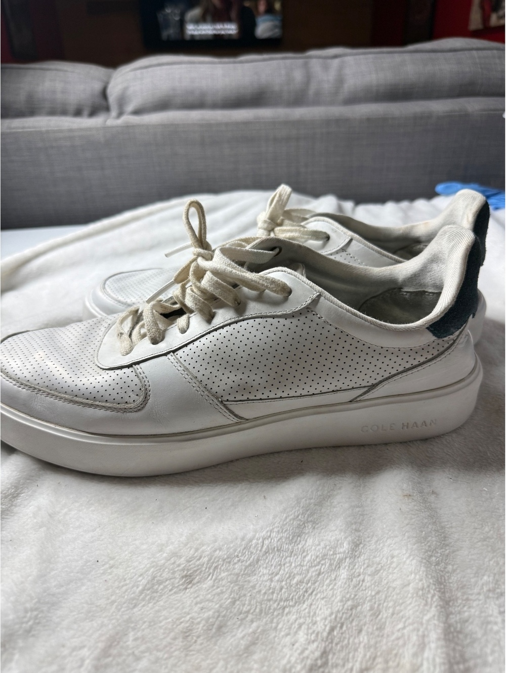 Cole Haan Men's White Leather Sneakers with Blue Suede Heel, Size 11M